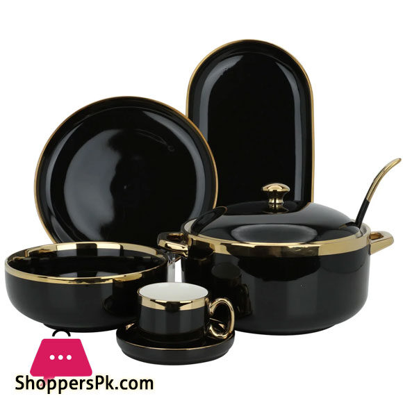 Dinner Set Black Round Porcelain With Wide Golden Line 51-Pieces 6 Person Serving 17 Dinner Set Black Round Porcelain With Wide Golden Line 51-Pieces 6 Person Serving