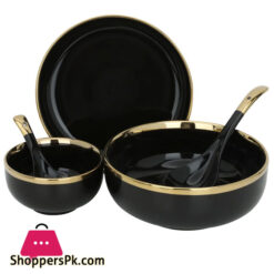 Dinner Set Black Round Porcelain With Wide Golden Line 51-Pieces 6 Person Serving