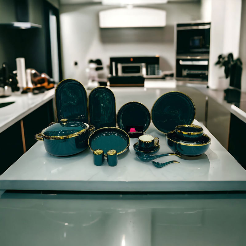 Dinner Set Black Round Porcelain With Wide Golden Line 51-Pieces 6 Person Serving