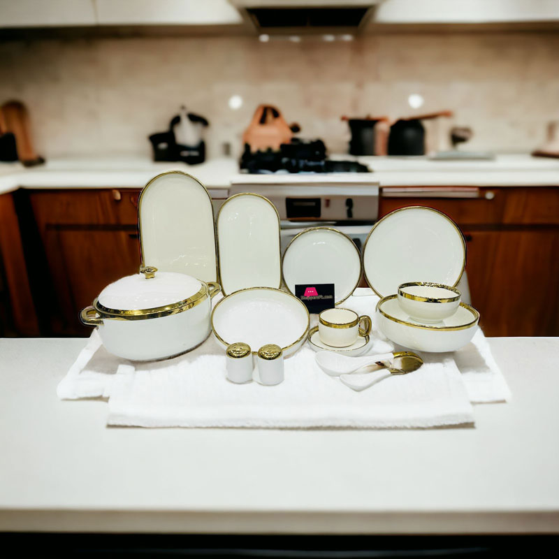 Dinner Set Black Round Porcelain With Wide Golden Line 51-Pieces 6 Person Serving