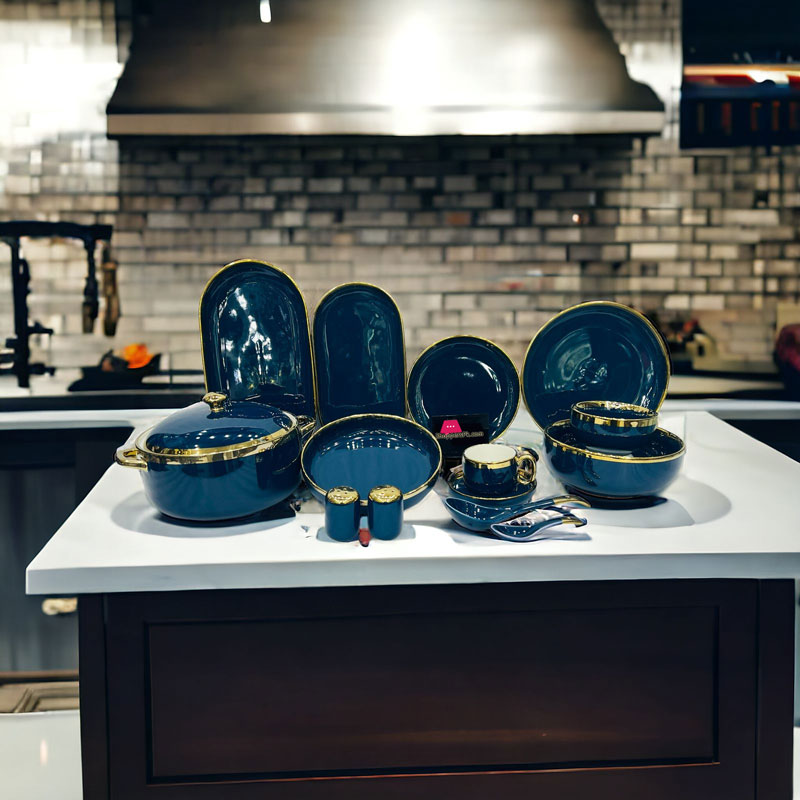 Dinner Set Black Round Porcelain With Wide Golden Line 51-Pieces 6 Person Serving