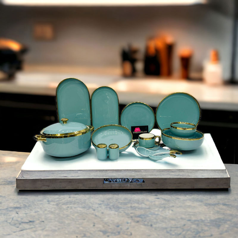 Dinner Set Black Round Porcelain With Wide Golden Line 51-Pieces 6 Person Serving