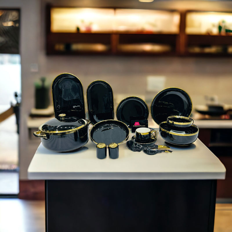 Dinner Set Black Round Porcelain With Wide Golden Line 51-Pieces 6 Person Serving