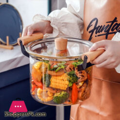 Borosilicate Glass Casserole Cooking Pot with Wooden handle Pyrex Glass Fireproof 2.5Liter