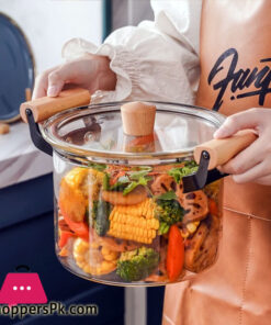 Borosilicate Glass Casserole Cooking Pot with Wooden handle Pyrex Glass Fireproof 4.5Liter