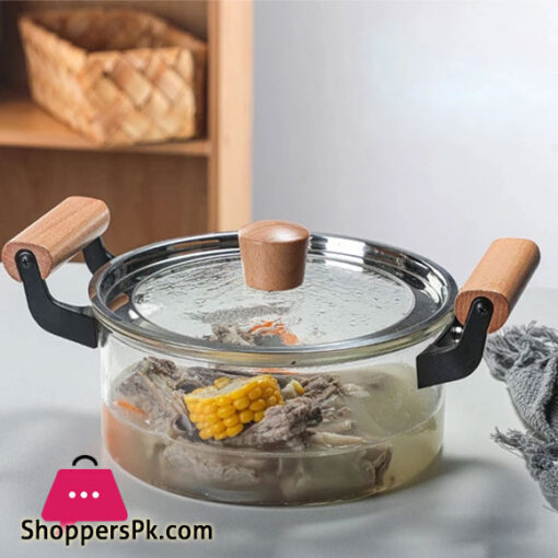 Borosilicate Glass Casserole Cooking Pot with Wooden handle Pyrex Glass Fireproof 3.5Liter