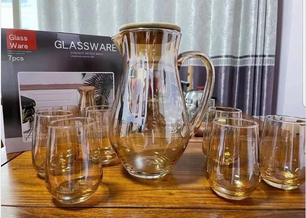 Gold Glass Water Set Jug And Glasses Jug 2 Ltrs With 6 Glass