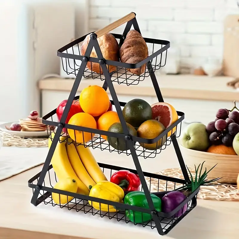 Countertop Metal Fruit Vegetable Basket 3-Layer Standing Bread Fruit Vegetable Storage Rack, With Wooden Handle For Kitchen Storage 9 Countertop Metal Fruit Vegetable Basket 3-Layer Standing Bread Fruit Vegetable Storage Rack, With Wooden Handle For Kitchen Storage