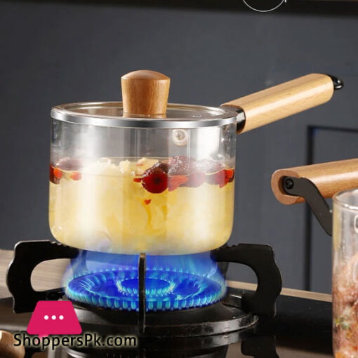 High Borosilicate Heat-resistant Transparent Glass Made Cooking Saucepan Pot With Wooden Handle – 2.5 Liter