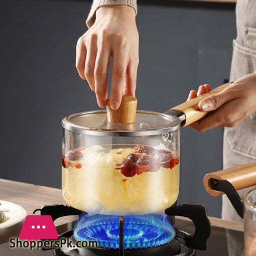 High Borosilicate Heat-resistant Transparent Glass Made Cooking Saucepan Pot With Wooden Handle – 2.5 Liter