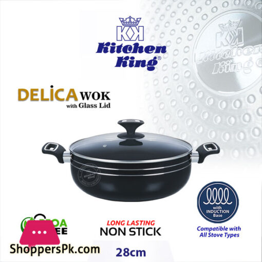 kitchen king Delica Wok Glass Lid Induction Safe – 28cm