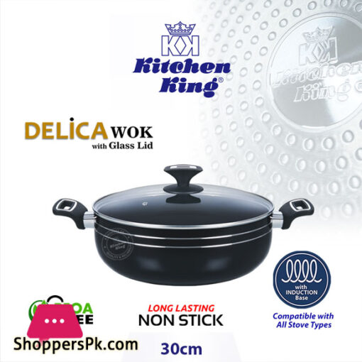 kitchen king Delica Wok Glass Lid Induction Safe – 30cm