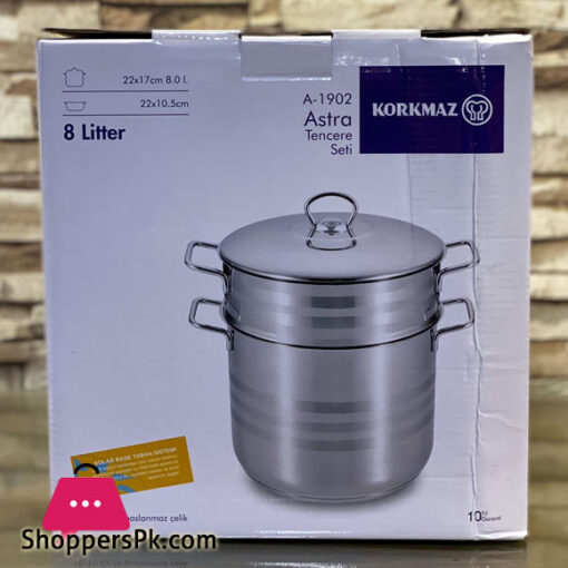 Korkmaz Astra Stainless Steel Steamer Cooking Pot Double Boiler with Stainless Steel Lid, 8 Liter A-1902