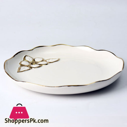 Royal Elegant Flat Serving Dish With Embossed Golden Flower Inside - Material Ceramic - Size 10.5 Inch - Beautiful Dessert Dish - Round