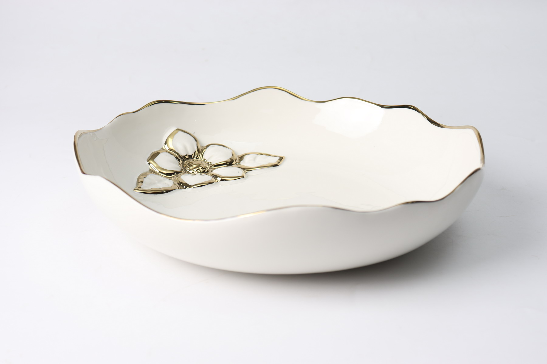 Royal Elegant Serving Dish With Embossed Golden Flower Inside - Material Ceramic - Size 12 Inch - Beautiful Dessert Dish - Round Shape