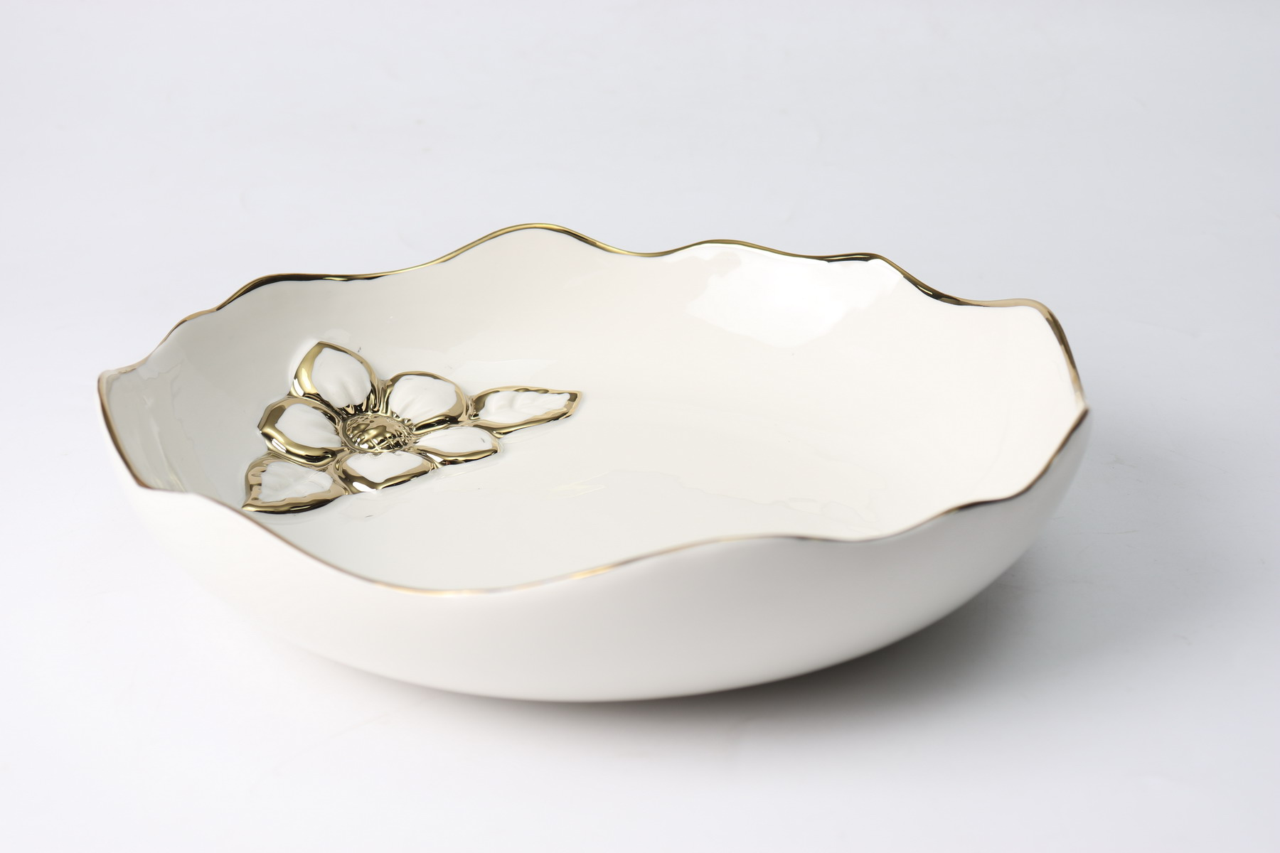 Royal Elegant Serving Dish With Embossed Golden Flower Inside - Material Ceramic - Size 12 Inch - Beautiful Dessert Dish - Round Shape