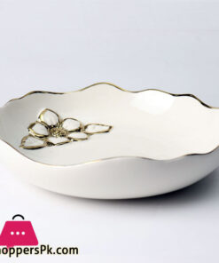 Royal Elegant Serving Dish With Embossed Golden Flower Inside - Material Ceramic - Size 12 Inch - Beautiful Dessert Dish - Round Shape