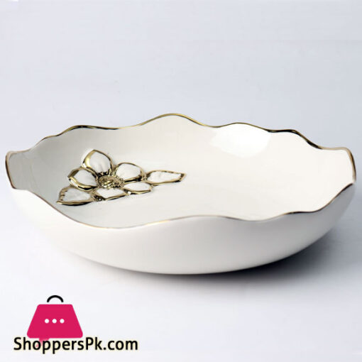 Royal Elegant Serving Dish With Embossed Golden Flower Inside - Material Ceramic - Size 10 Inch - Beautiful Dessert Dish - Round Shape