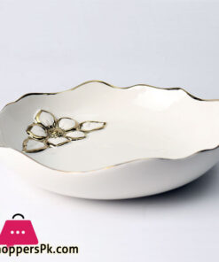 Royal Elegant Serving Dish With Embossed Golden Flower Inside - Material Ceramic - Size 12 Inch - Beautiful Dessert Dish - Round Shape 13 Royal Elegant Serving Dish With Embossed Golden Flower Inside - Material Ceramic - Size 12 Inch - Beautiful Dessert Dish - Round Shape - Image 3