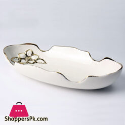 Royal Elegant Serving Platter With Embossed Golden Flower Inside - Material Ceramic - Size 13.8 Inch - Beautiful Serving Platter - Oval