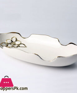 Royal Elegant Serving Platter With Embossed Golden Flower Inside - Material Ceramic - Size 13.8 Inch - Beautiful Serving Platter - Oval