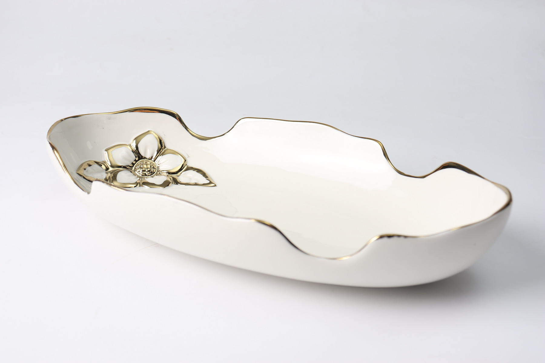 Royal Elegant Serving Platter With Embossed Golden Flower Inside - Material Ceramic - Size 13.8 Inch - Beautiful Serving Platter - Oval