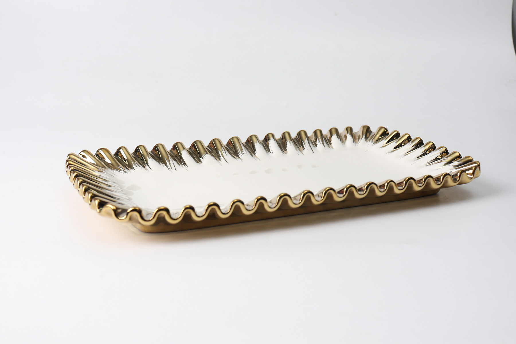 Royal Serving Platter Frilled Edges With Golden &Amp; Silver Borders - Beautiful Dish For Desserts &Amp; Candies - Super Quality Ceramic Platter