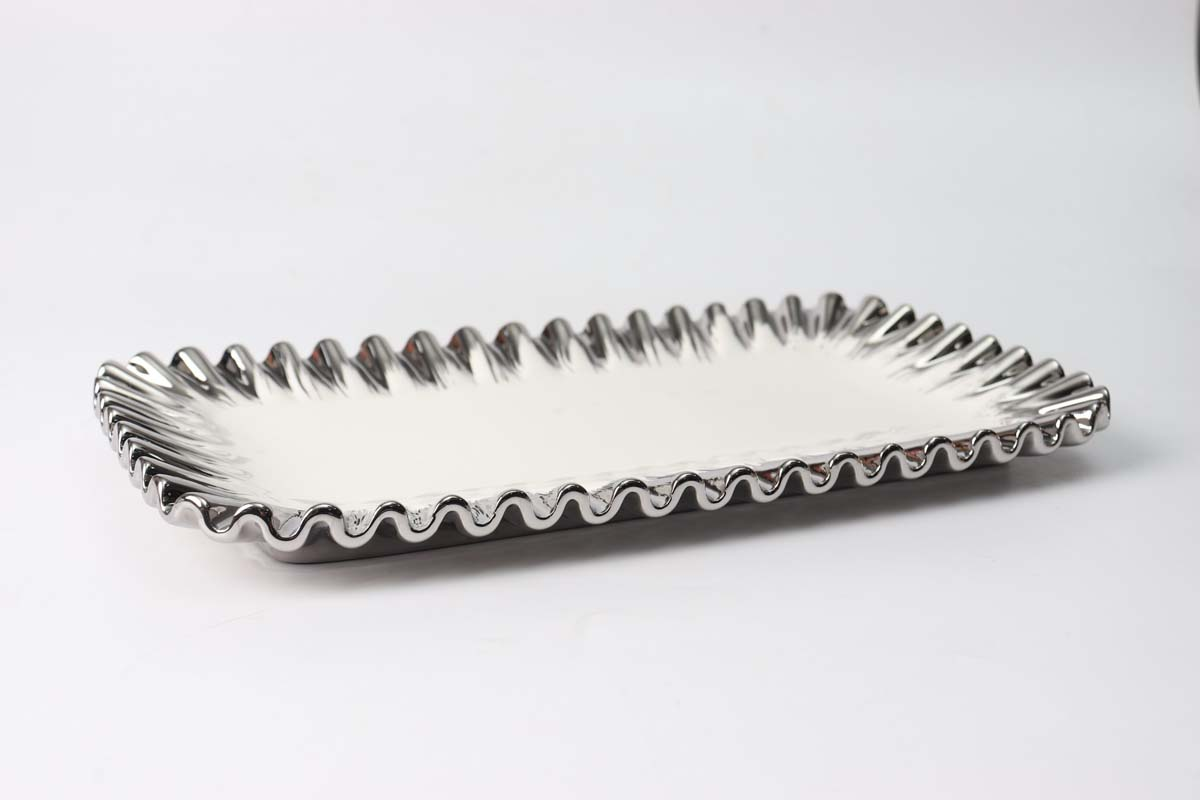 Royal Serving Platter Frilled Edges With Golden &Amp; Silver Borders - Beautiful Dish For Desserts &Amp; Candies - Super Quality Ceramic Platter