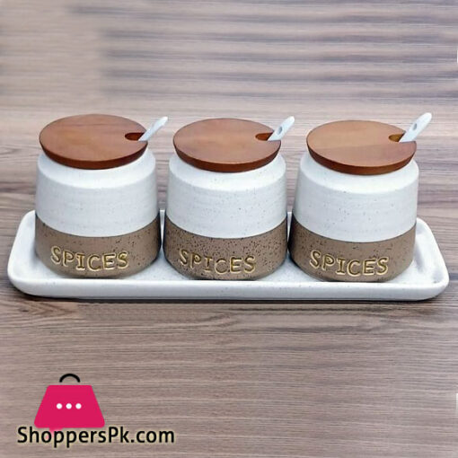 Stoneware Spice Jar Set of 3 with Spoon & Wooden Lid