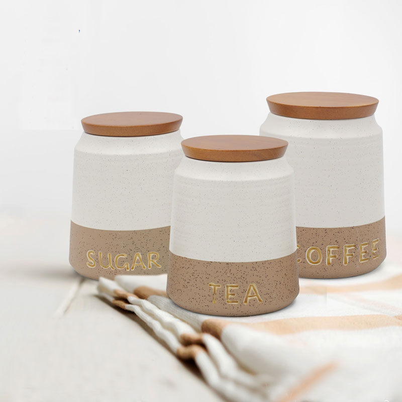 Stoneware Sugar Tea Coffee Modern Jar Wooden Lid 7 Stoneware Sugar Tea Coffee Modern Jar Wooden Lid