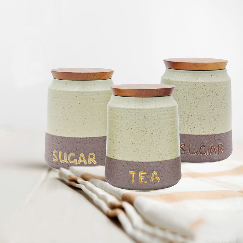 Stoneware Sugar Tea Coffee Modern Jar Wooden Lid 8 Stoneware Sugar Tea Coffee Modern Jar Wooden Lid