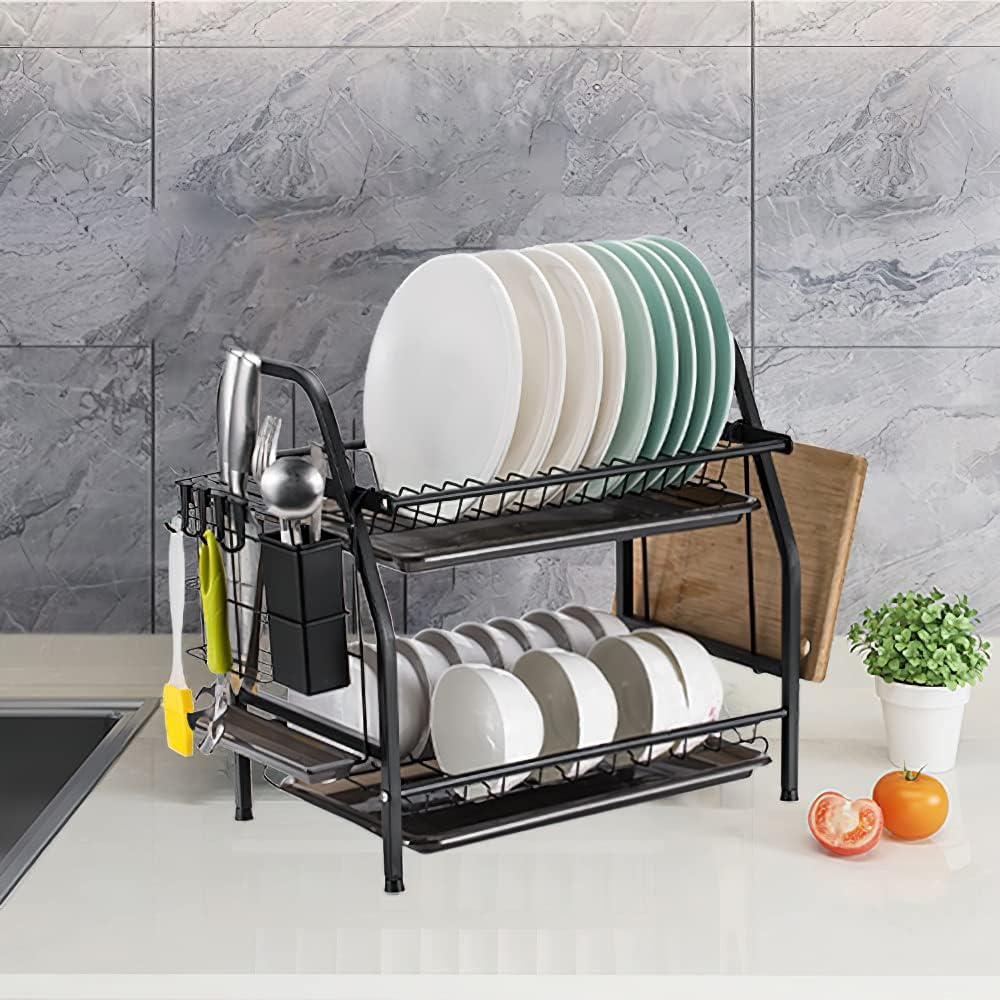 2 Tier Dish Rack Kitchen Shelf Organiser Black
