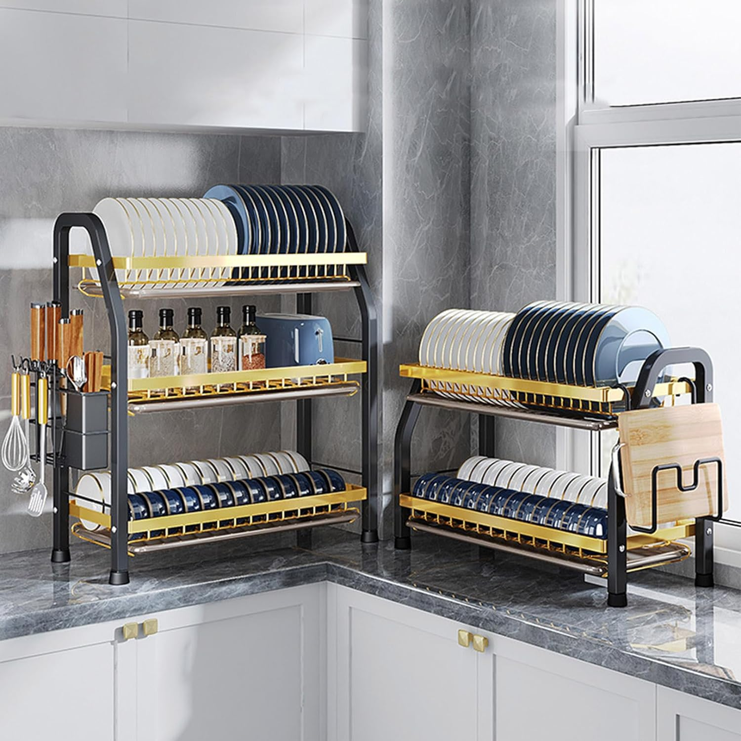 3 Tier Dish Draining Rack And Drain Board Set Large Capacity Dish Drainer Organizer Shelf With Utensil Holder, Cup Rack For Kitchen Counter Black Gold