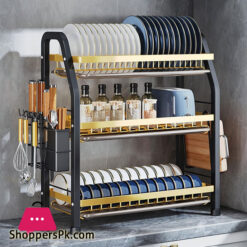 3 Tier Dish Draining Rack and Drain Board Set Large Capacity Dish Drainer Organizer Shelf with Utensil Holder, Cup Rack for Kitchen Counter Black Gold