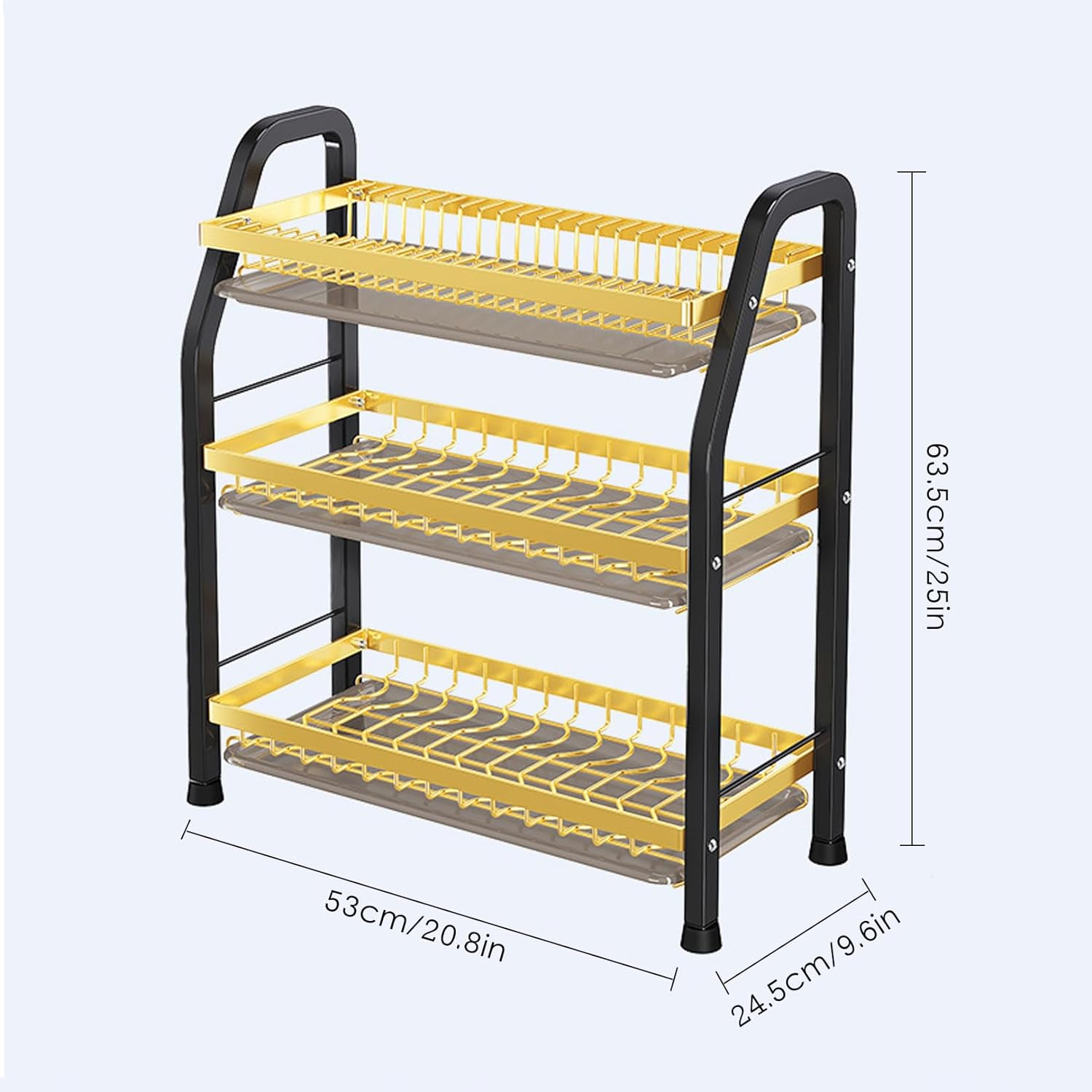 3 Tier Dish Draining Rack And Drain Board Set Large Capacity Dish Drainer Organizer Shelf With Utensil Holder, Cup Rack For Kitchen Counter Black Gold
