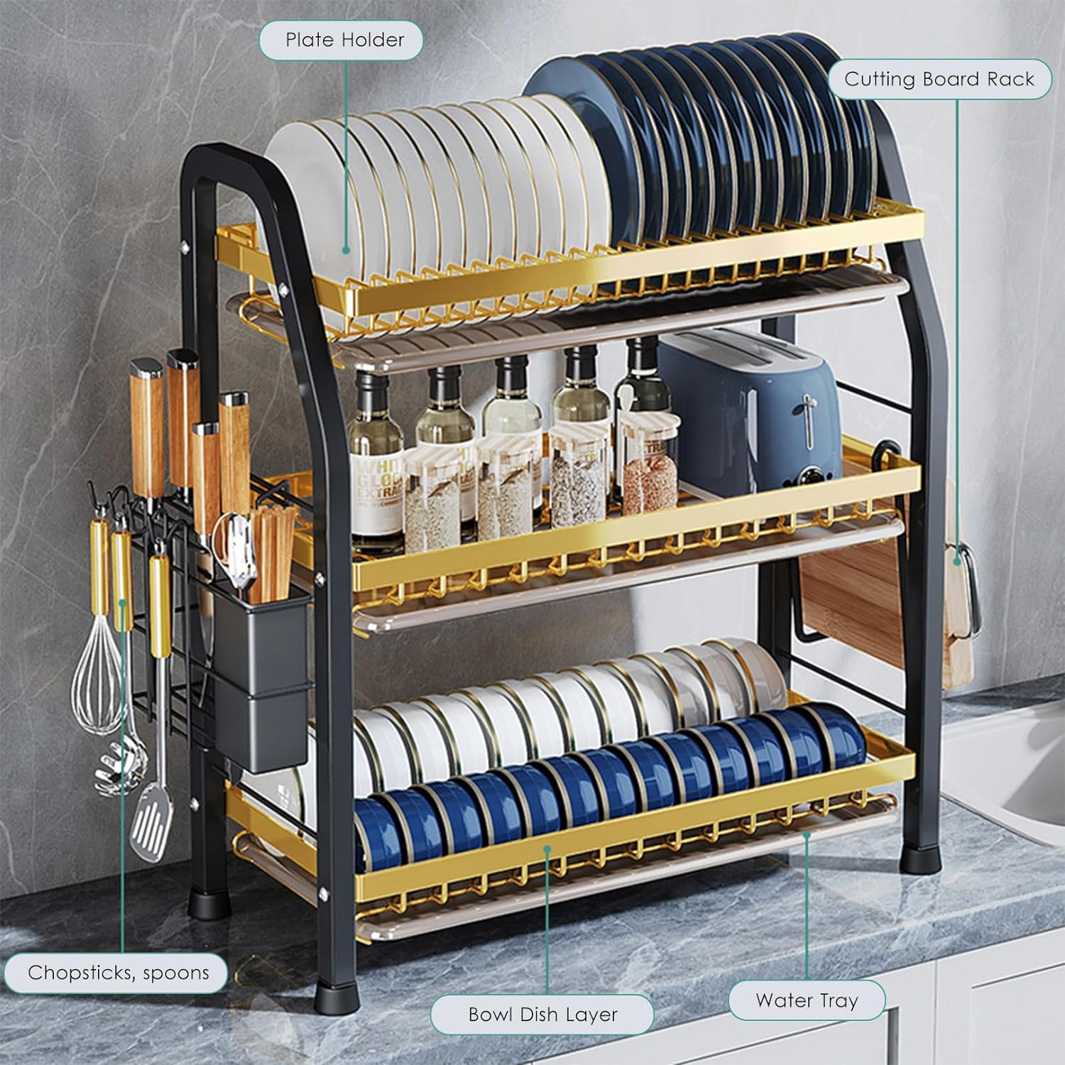 3 Tier Dish Draining Rack And Drain Board Set Large Capacity Dish Drainer Organizer Shelf With Utensil Holder, Cup Rack For Kitchen Counter Black Gold