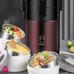 304 Stainless Steel Thermos Lunch Box Round Leak-Proof Multilayer Sealed Insulated Food Storage Container Work School Bento Box 2.6 Liter