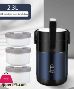 304 Stainless Steel Thermos Lunch Box Round Leak-Proof Multilayer Sealed Insulated Food Storage Container Work School Bento Box 2.3 Liter