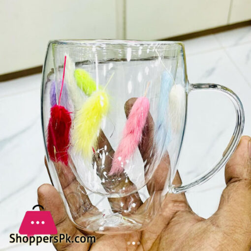 Borosilicate Glass Double Wall Mug with Colorful Feathers 350ML