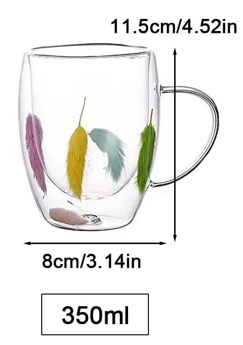 Borosilicate Glass Double Wall Mug With Colorful Feathers 350Ml