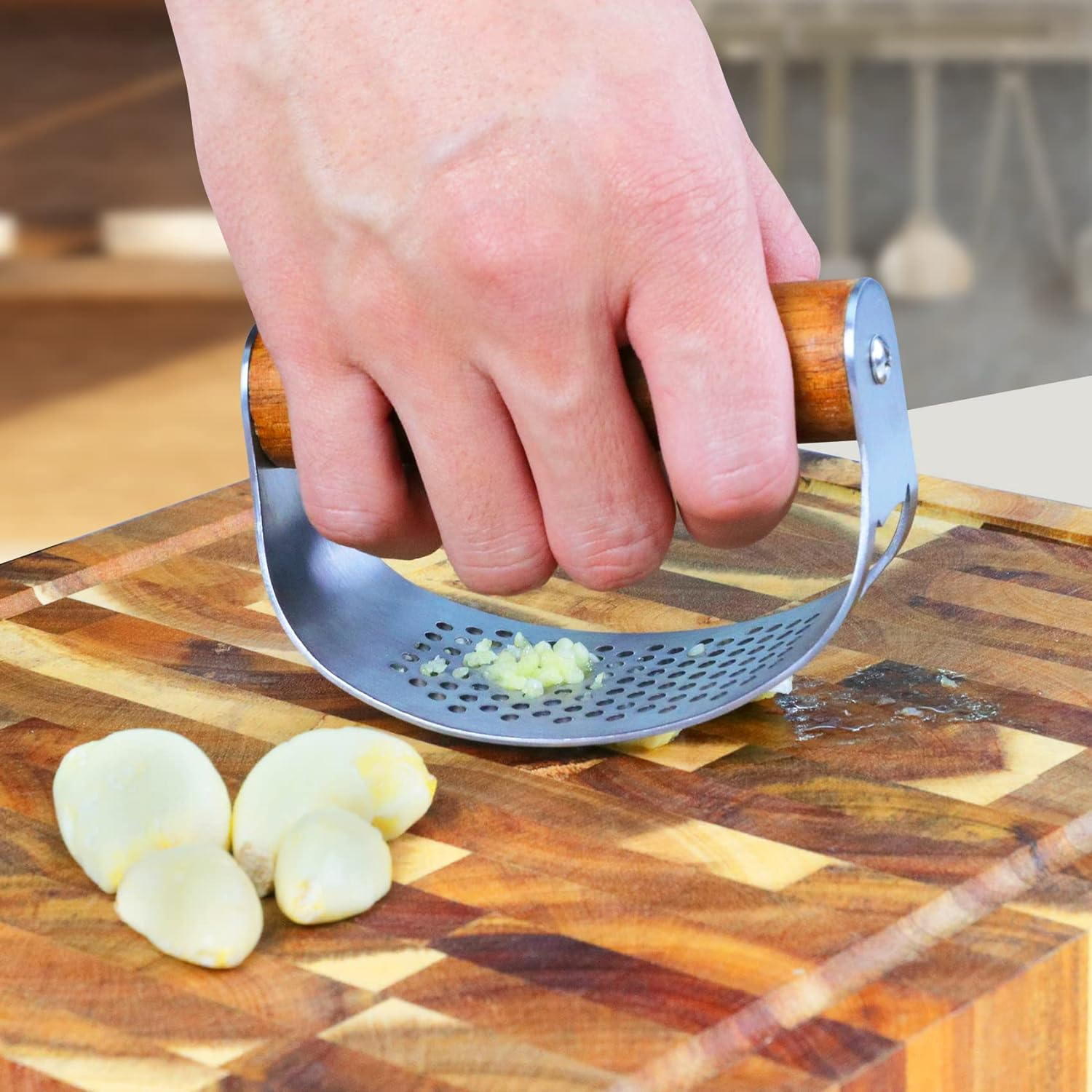 Garlic Press Stainless Steel Rocker Dishwasher Safe Premium Wooden Handle Garlic Crusher