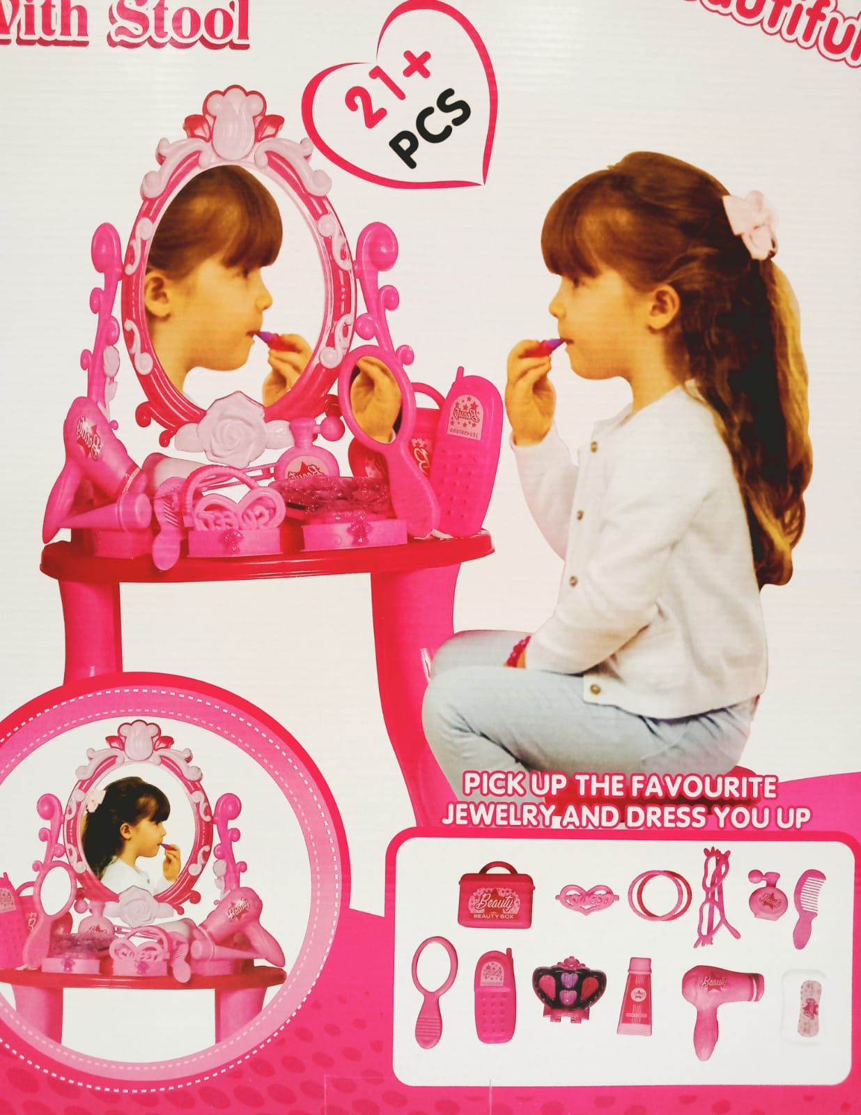 Makeup Toy Dressing Table With Stool And Accessories 21Pcs Toy For Girls Makeup Set