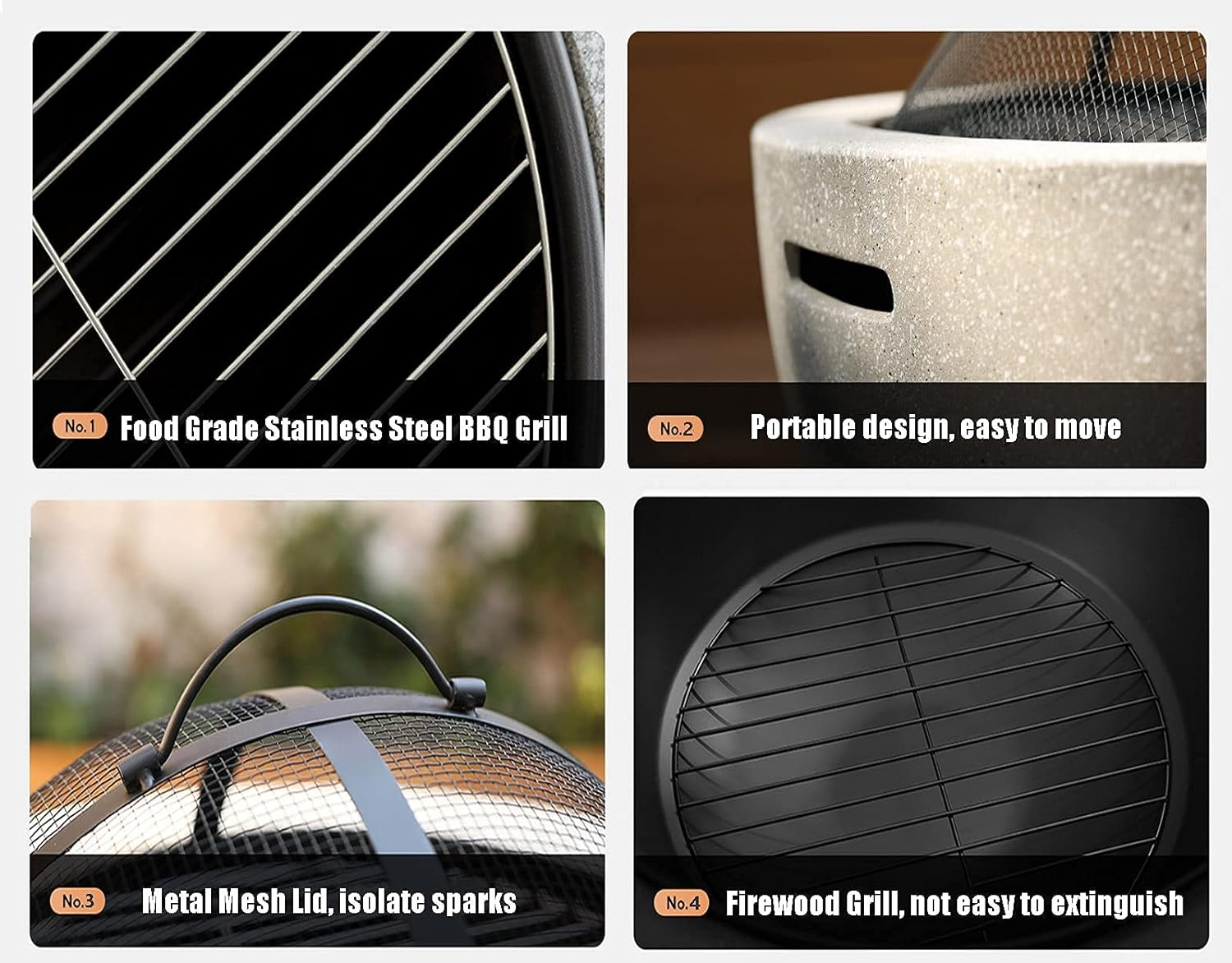 Outdoor Fire Pit Garden Wood Burning Fire Pit Bbq Grill Table, Outdoor Wood Burning Fire Bowl With Spark Screen Cover And Poker