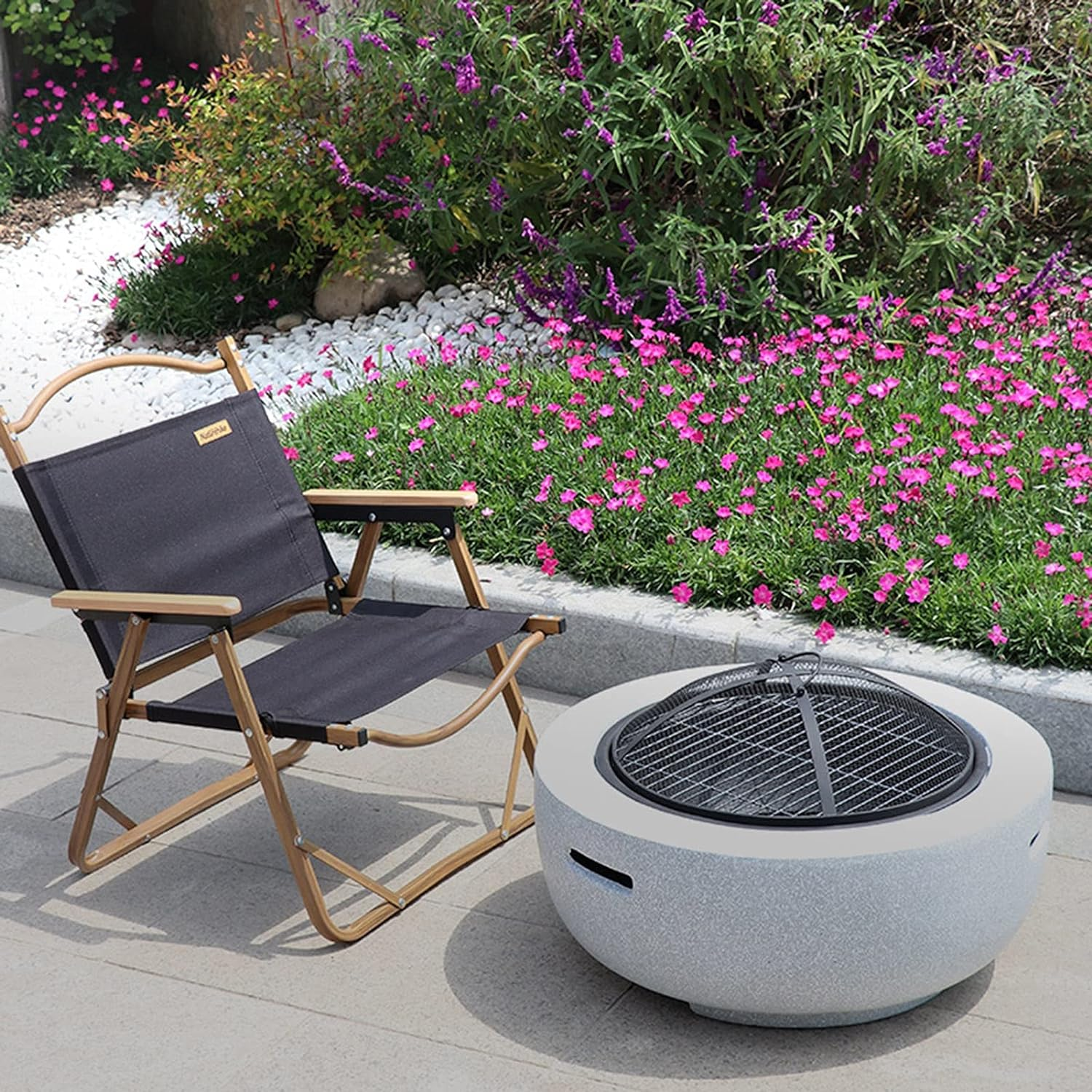 Outdoor Fire Pit Garden Wood Burning Fire Pit Bbq Grill Table, Outdoor Wood Burning Fire Bowl With Spark Screen Cover And Poker