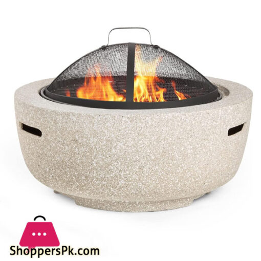 Outdoor Fire Pit Garden Wood Burning Fire Pit BBQ Grill Table, Outdoor Wood Burning Fire Bowl with Spark Screen Cover and Poker