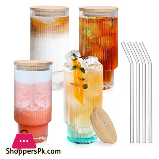 Ribbed Drinking Glasses with Bamboo Lids and Straws 500ml