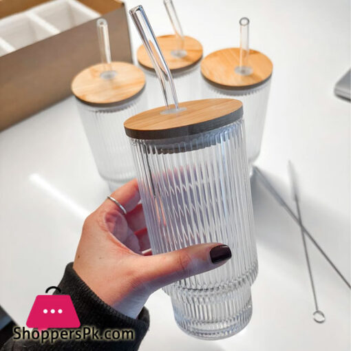 Ribbed Drinking Glasses with Bamboo Lids and Straws 500ml
