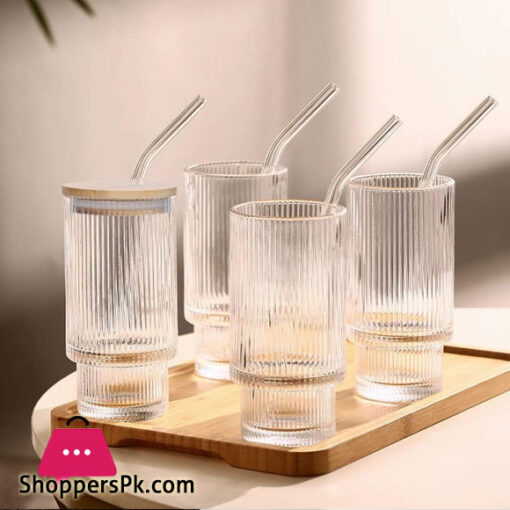 Ribbed Drinking Glasses with Bamboo Lids and Straws 400ml