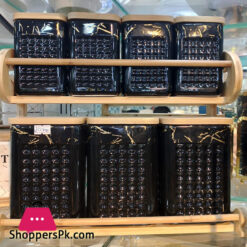 Set Of 7 Ceramic Canister Storage Container with Stand – Black