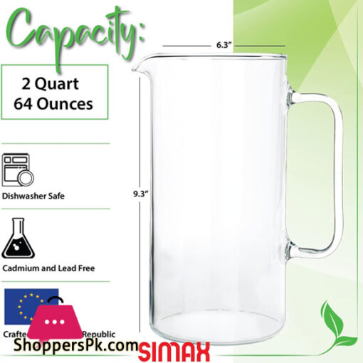 Simax Glass Pitcher 02.Ltr Borosilicate Glass Water Pitchers, Hot and Cold Safe Sangria Pitchers, for Beverage, Iced Tea, Lemonade & Juice